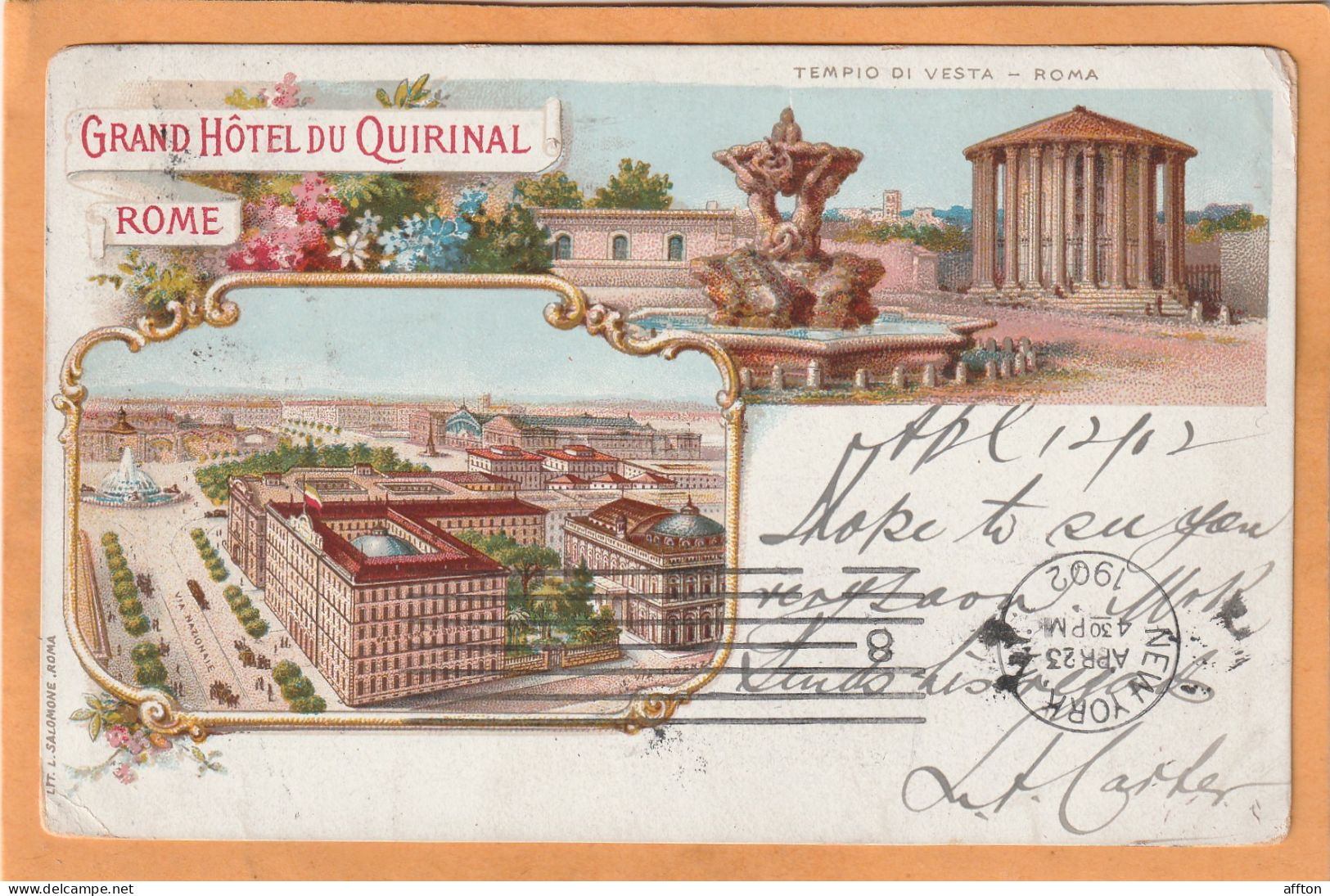 Rome Grand Hotel Flora Quirinal Italy 1902 Postcard Mailed - Bars, Hotels & Restaurants