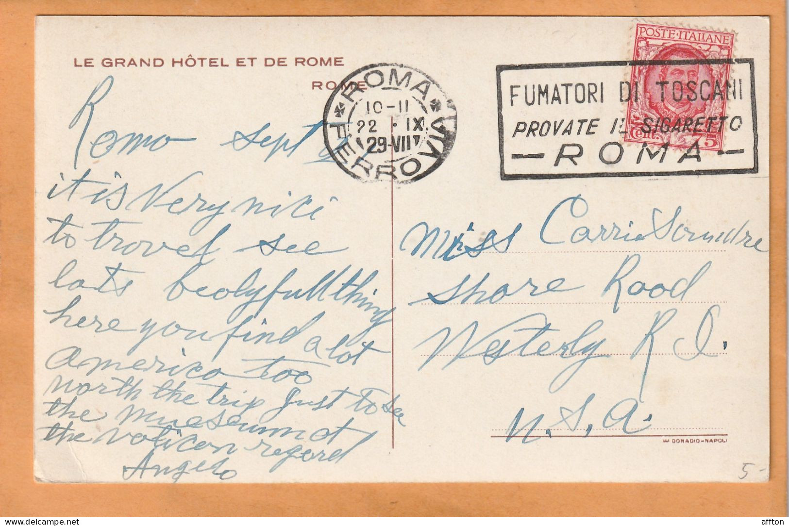 Rome Grand Hotel Italy Old Postcard Mailed - Cafes, Hotels & Restaurants