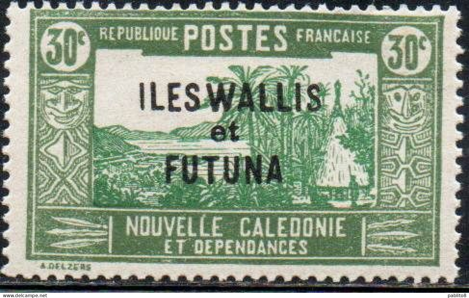 WALLIS AND FUTUNA ISLANDS 1930 1940 OVERPRINTED LANDSCAPE WITH CHIEF'S HOUSE 30c MH - Neufs