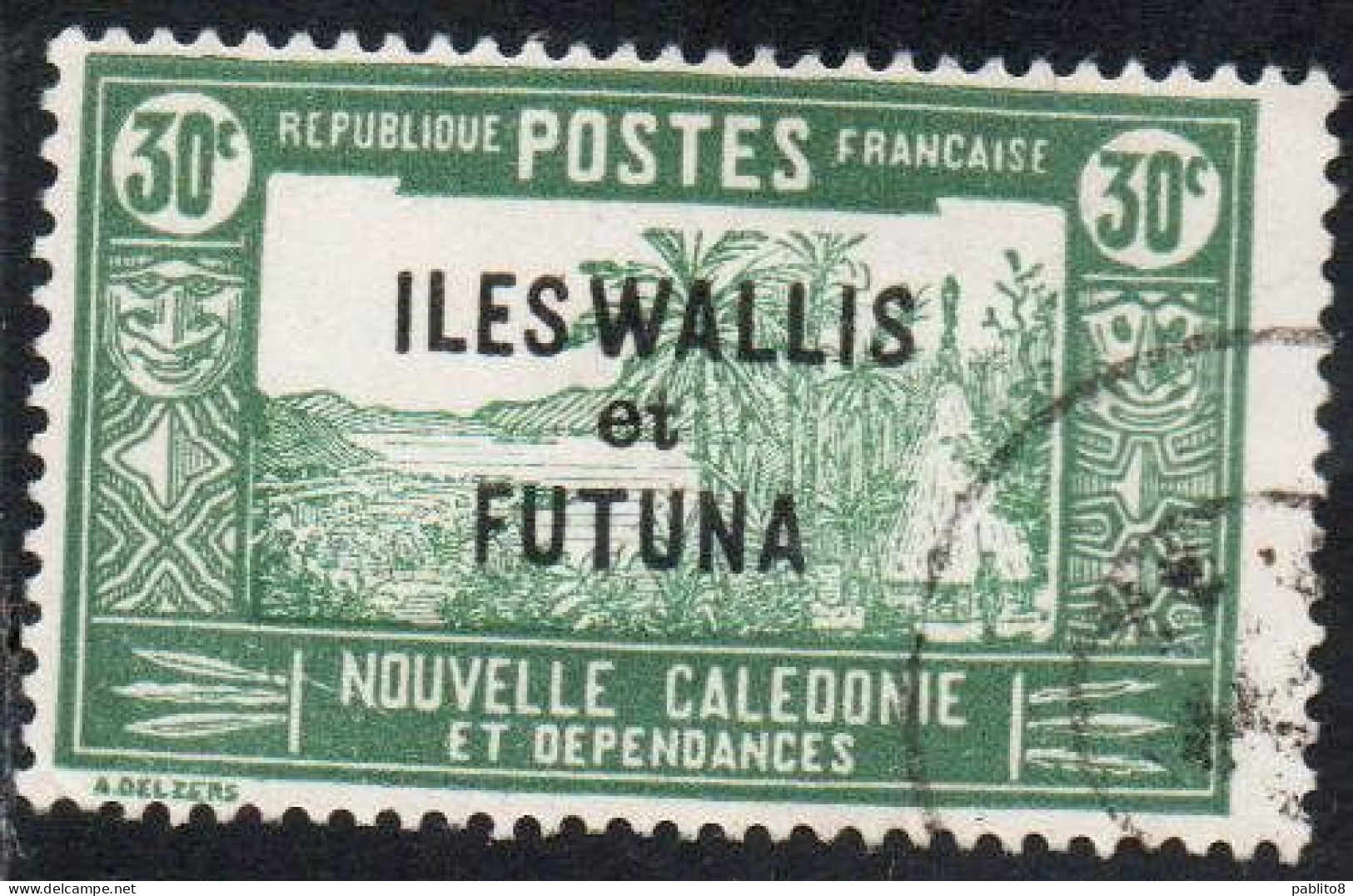 WALLIS AND FUTUNA ISLANDS 1930 1940 OVERPRINTED LANDSCAPE WITH CHIEF'S HOUSE 30c USED USATO OBLITERE' - Gebruikt