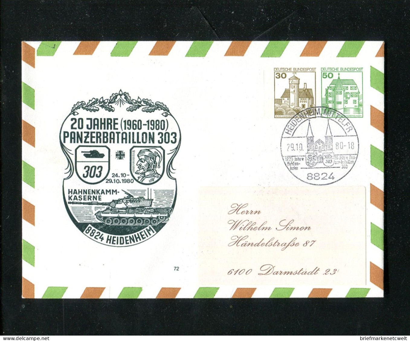 "BUNDESREPUBLIK DEUTSCHLAND" 1980, Privatganzsachenumschlag "BUNDESWEHR, Panzerbataillon" SSt. "Heidenheim" (13513) - Enveloppes Privées - Oblitérées