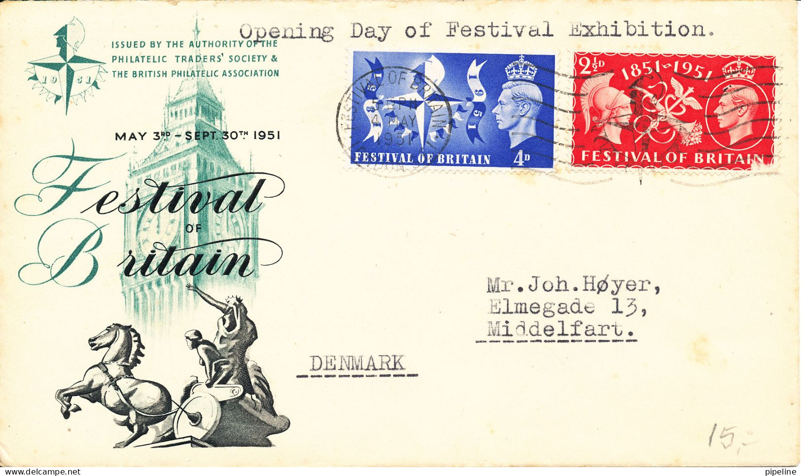 Great Britain FDC 4-5-1951 Festival Of Britain Complete With Cachet (2½p Stamp Is Damaged) - ....-1951 Pre-Elizabeth II