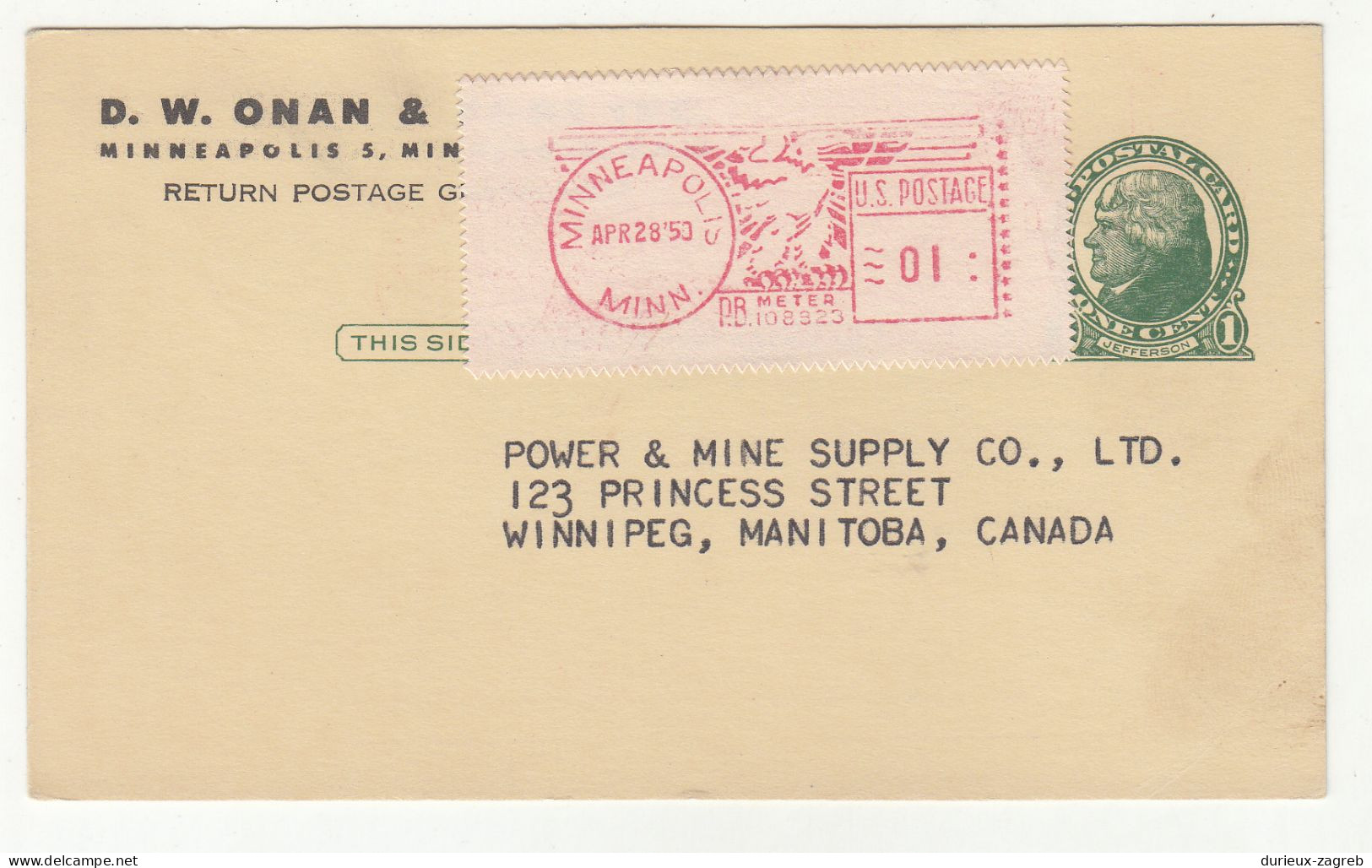 D.W. Onan & Sons Inc.m, Minneapolis Company Prepinted Postal Stationery Postcard Posted 1953 - Uprated ATM 230601 - 1941-60