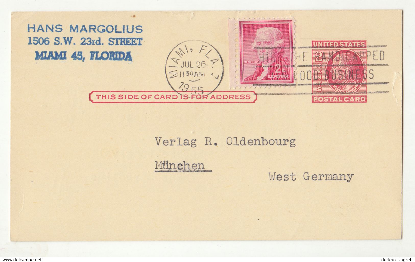 US 2c Franklin Postal Stationery Postcard Posted 1955 Miami To Germany - Uprated 230601 - 1941-60