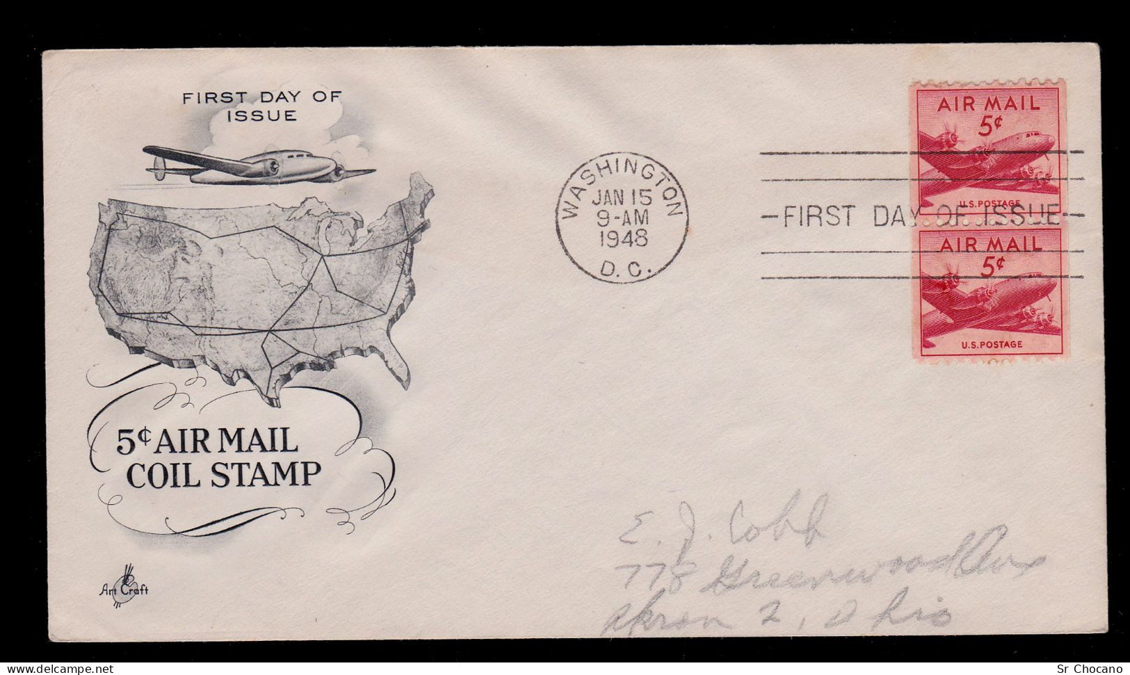 US.AIR MAIL.COIL 1947.6c.BLQ2.FIRST DAY ISSUE.SCOTT C33 - 1941-1950