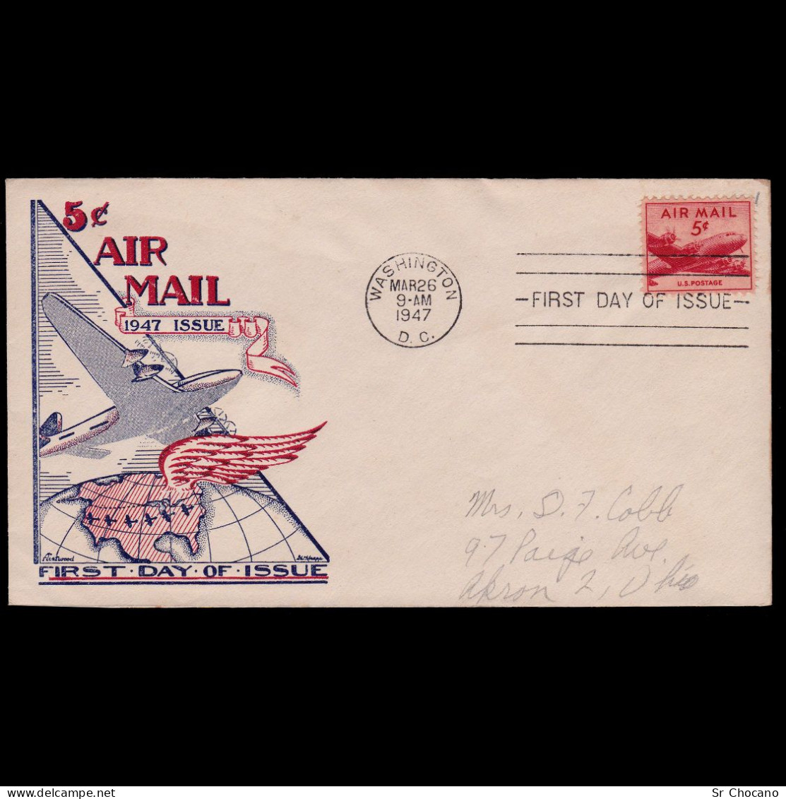 US.AIR MAIL.1947.6c.COIL.FIRST DAY ISSUE.SCOTT C33 - 1941-1950