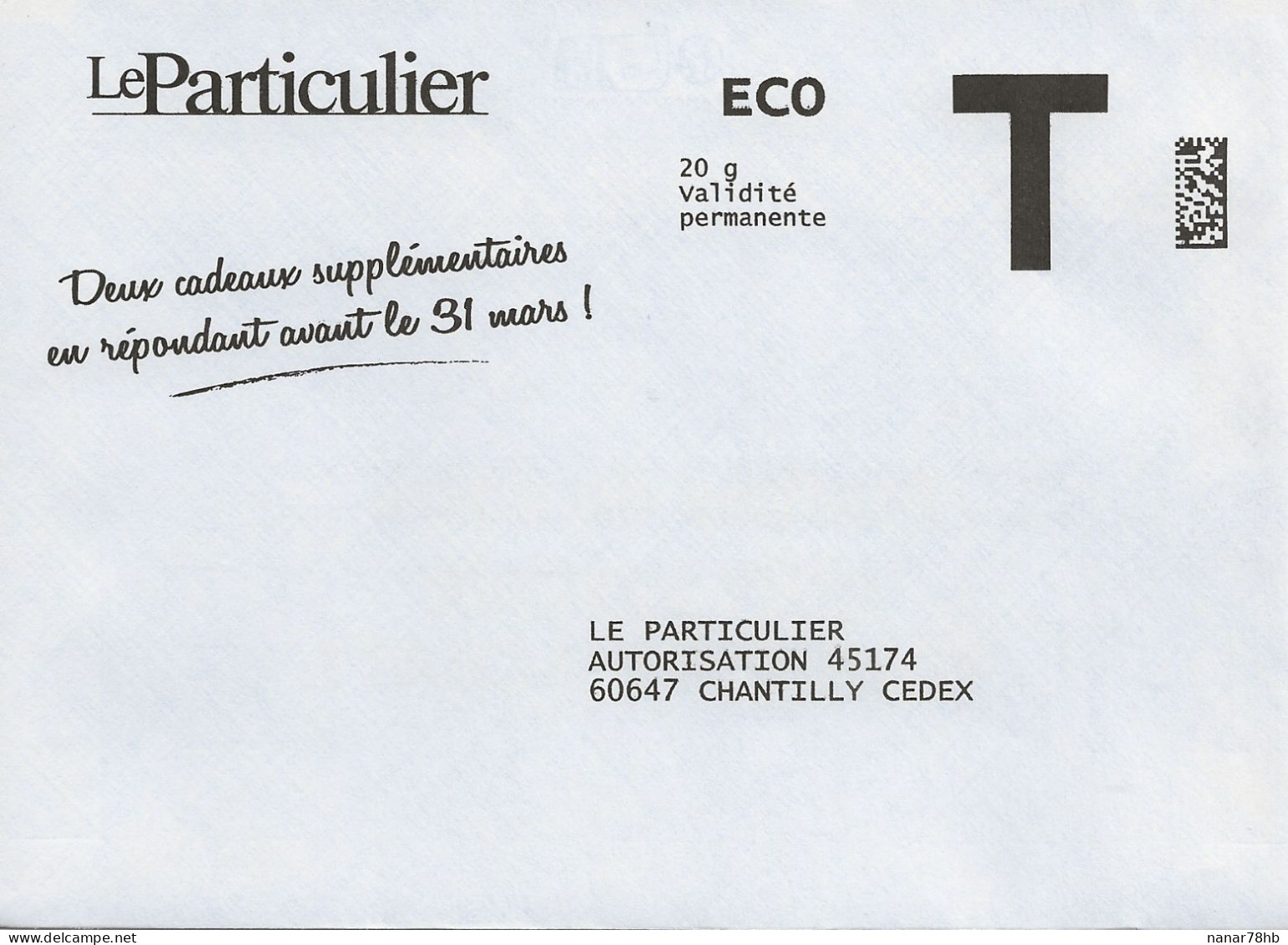 Lettre T , Le Particuler (revue) Eco 20g - Cartes/Enveloppes Réponse T