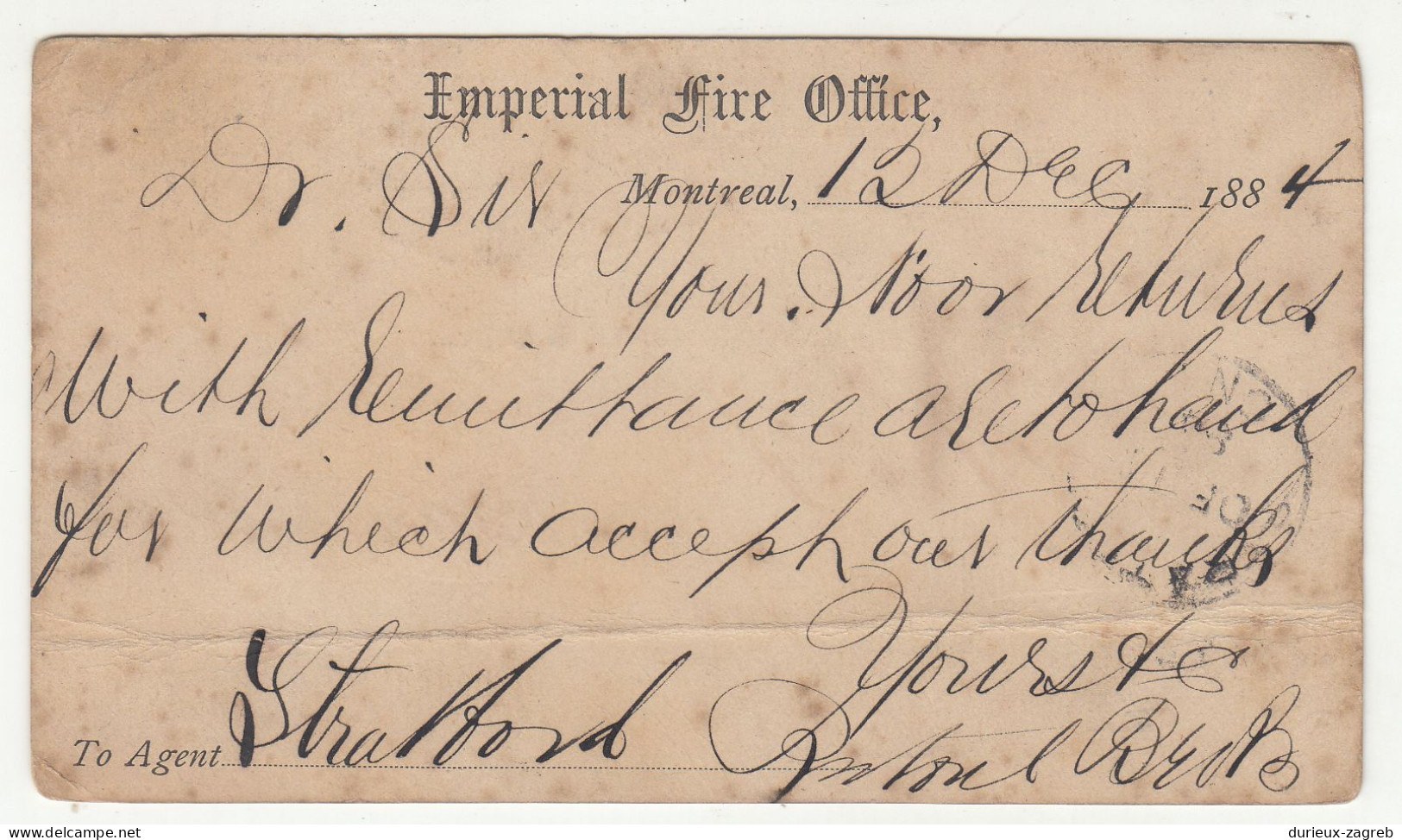 Imperial Fire Office Company Preprinted Postal Stationery Postcard Posted 1884 B230601 - 1860-1899 Règne De Victoria
