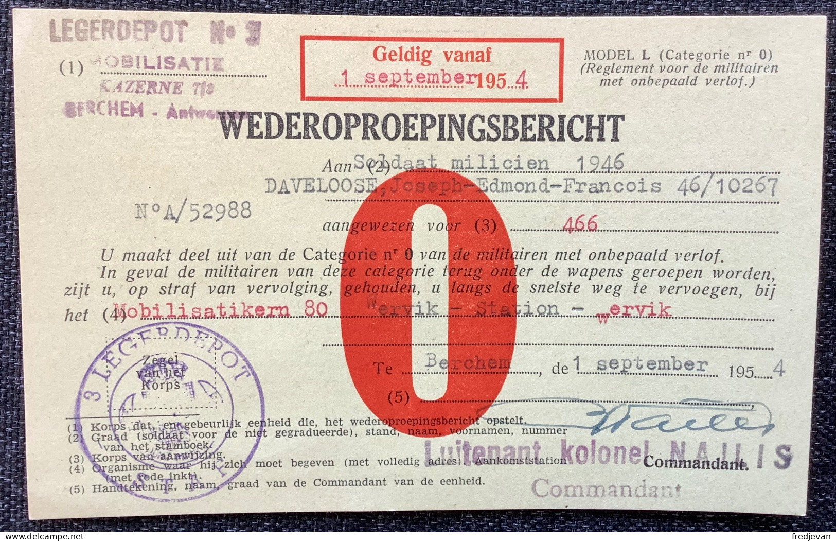 Briefkaart - WEDEROPROEPINGSBERICHT - Wervik 1 September 1954 - Wervik