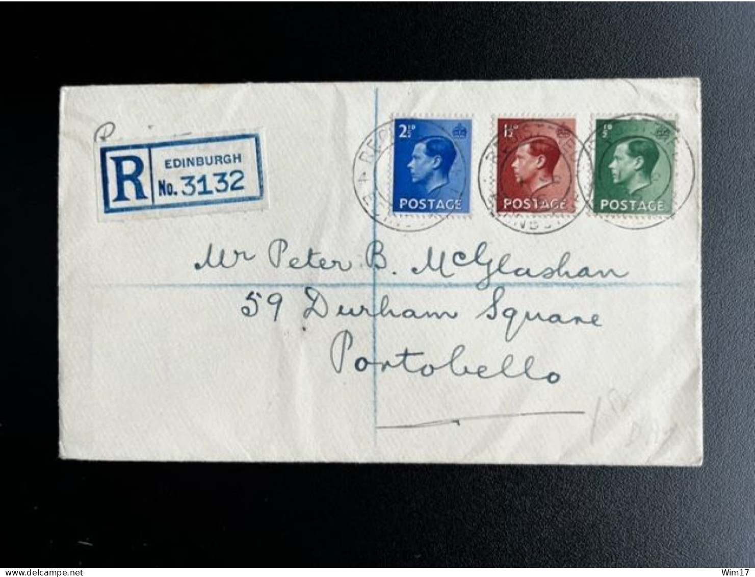 GREAT BRITAIN 1936 REGISTERED FDC EDINBURGH TO PORTOBELLO 01-09-1936 GROOT BRITTANNIE - Storia Postale
