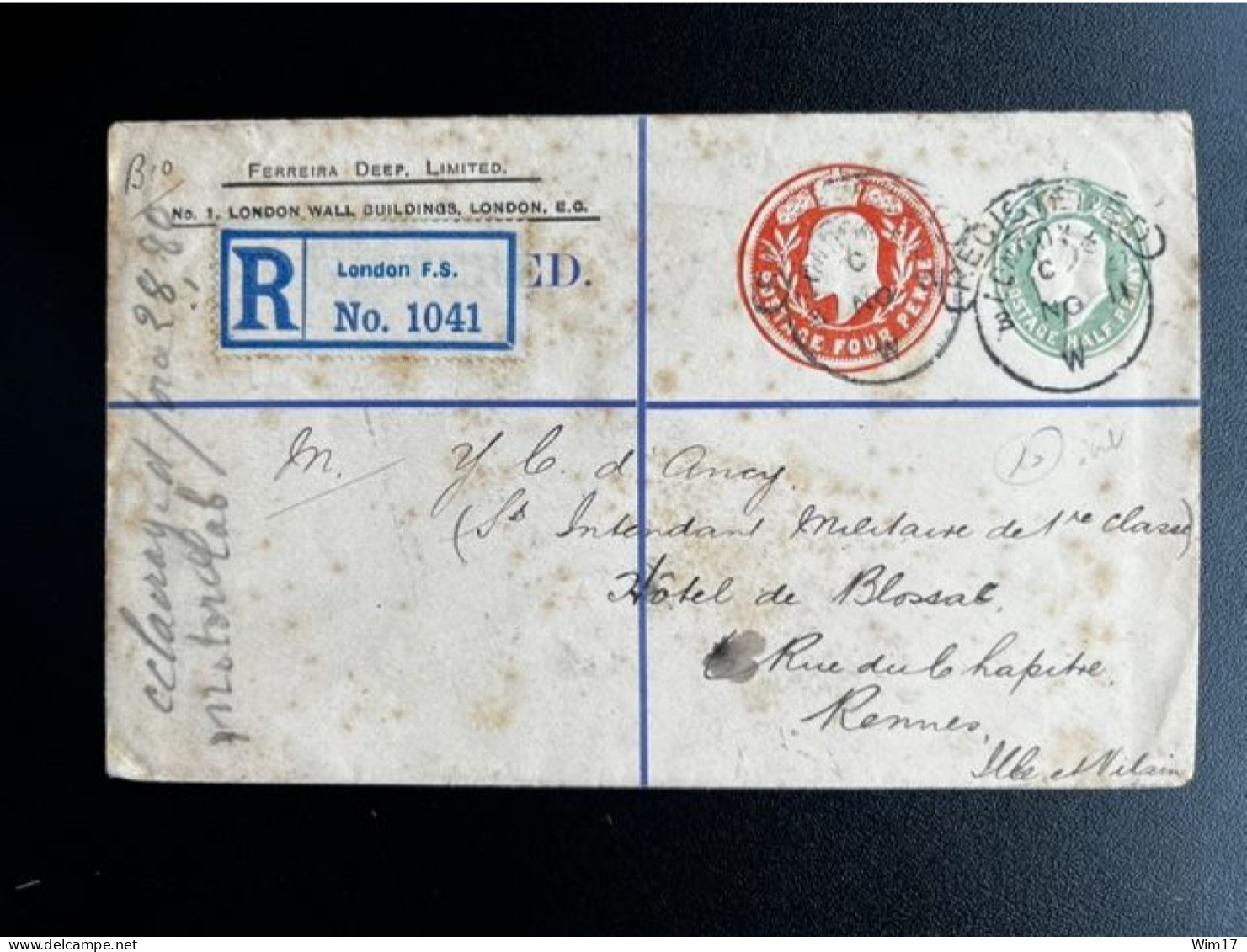 GREAT BRITAIN 1911 REGISTERED LETTER LONDON TO RENNES 03-11-1911 GROOT BRITTANNIE - Brieven En Documenten