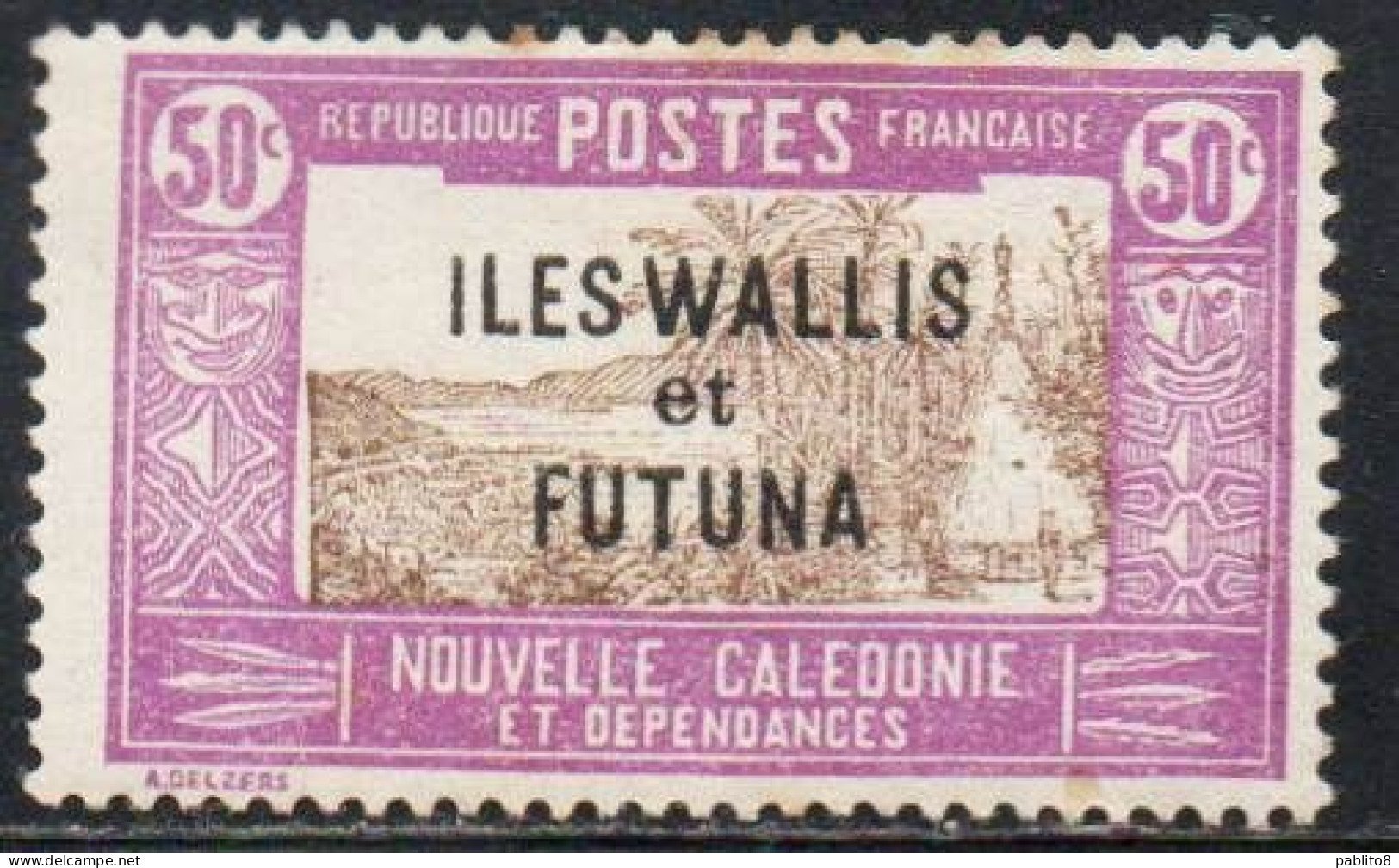 WALLIS AND FUTUNA ISLANDS 1930 1940 OVERPRINTED LANDSCAPE WITH CHIEF'S HOUSE 50c MH - Neufs