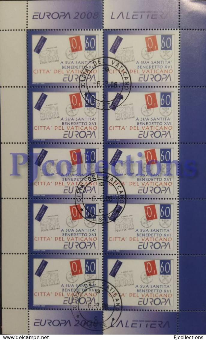 3735- VATICANO - VATICAN CITY 2008 EUROPA - EUROPE FULL SHEET 10 STAMPS C/ANNULLO 1° GIORNO - USED - Used Stamps