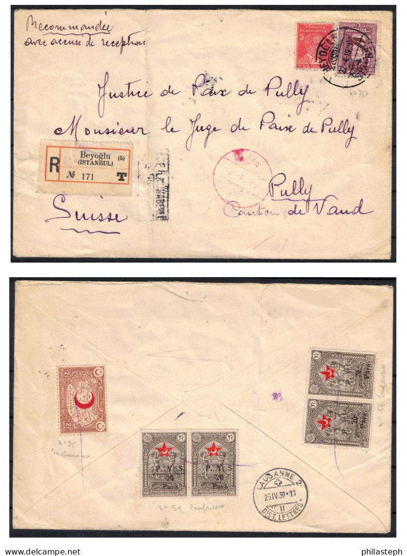 1939 ESC Recommandé De Beyoglu / Istanbul (Turquie)  Pour Lausanne (Suisse) - Au Dos Timbres De Bienfaisance - Lettres & Documents