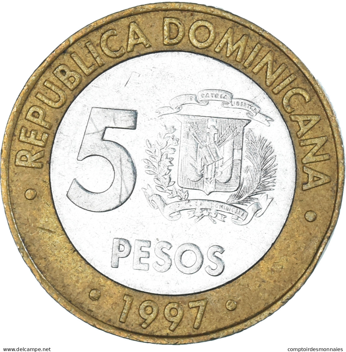 Monnaie, République Dominicaine, 5 Pesos, 1997 - Dominicaine