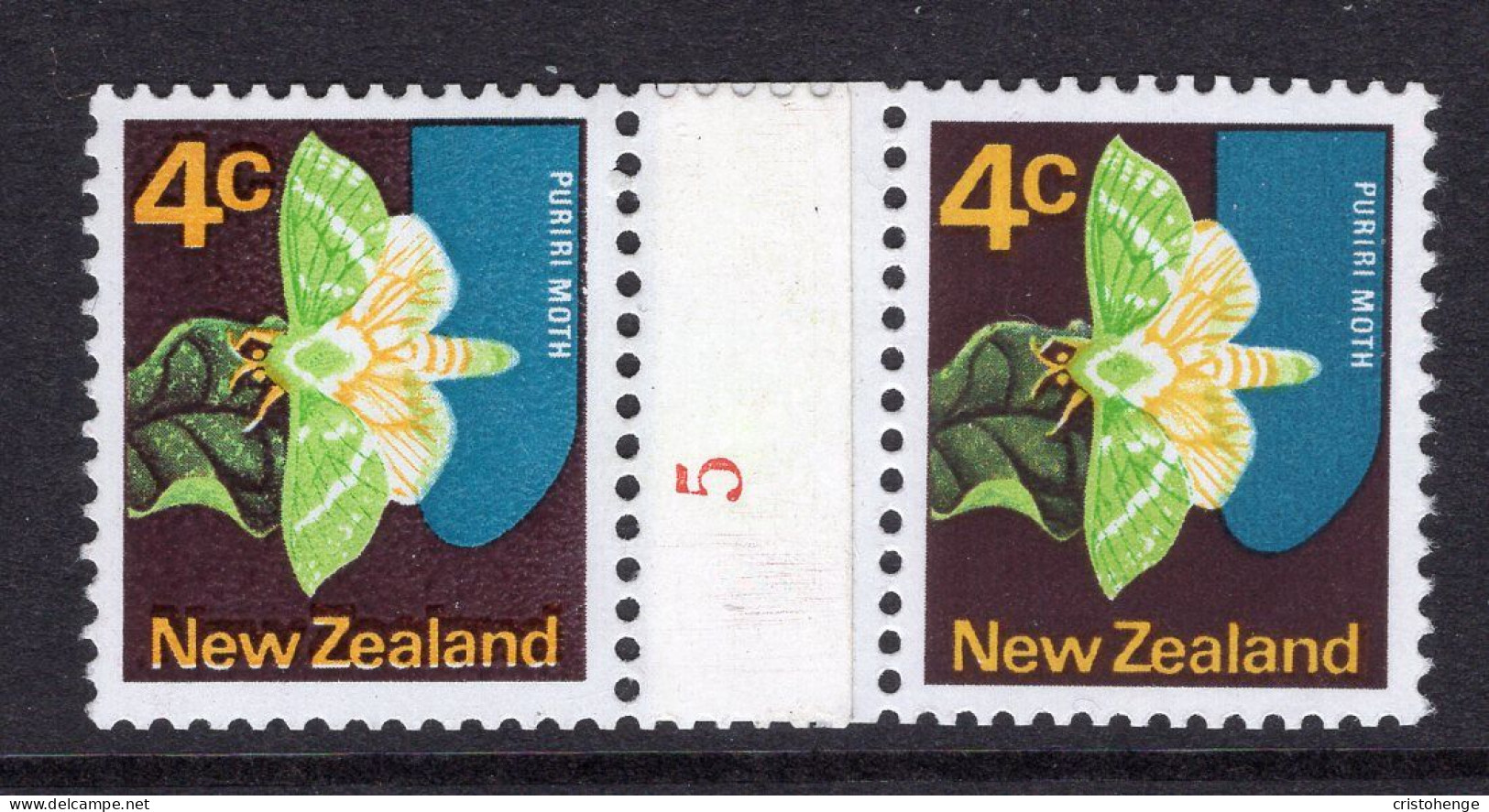 New Zealand 1973-76 Definitives - No Wmk. - Coil Pairs - 4c Puriri Moth - No. 5 - LHM - Neufs