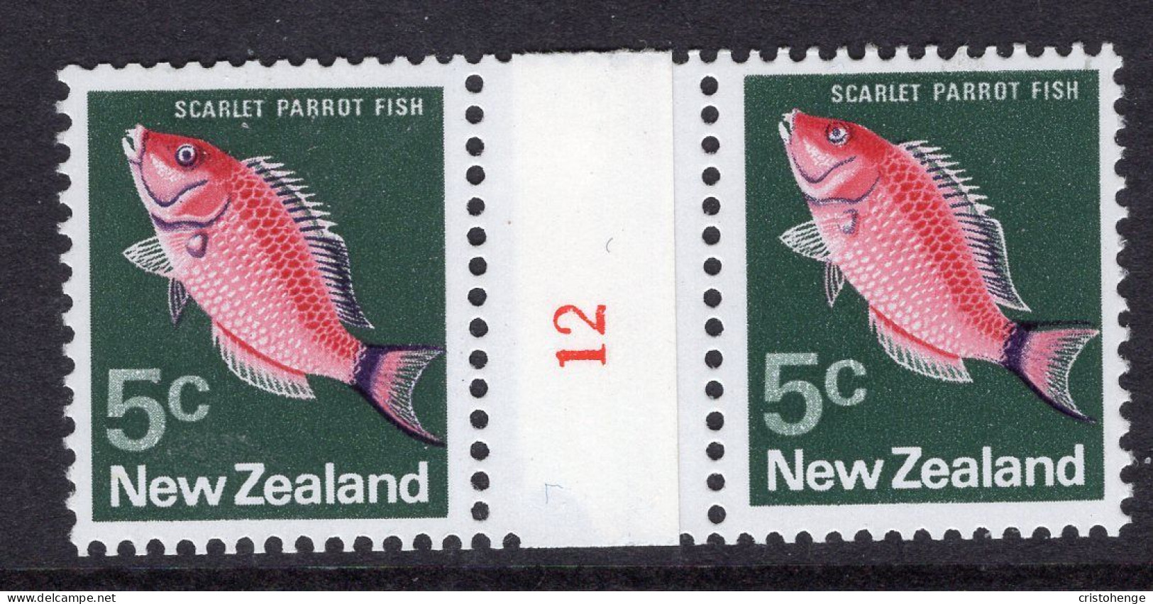 New Zealand 1973-76 Definitives - No Wmk. - Coil Pairs - 5c Scarlet Parrot Fish - No. 12 - LHM - Neufs