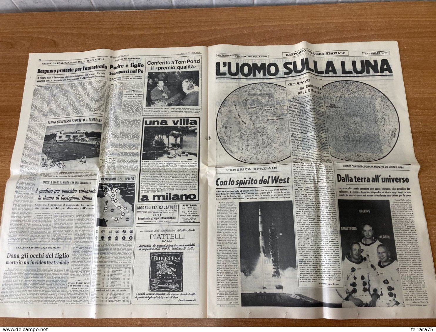 CORRIERE DELLA SERA LUNA APOLLO 11+INSERTO SPECIALE  17 LUGLIO 1969 ORIGINALE.