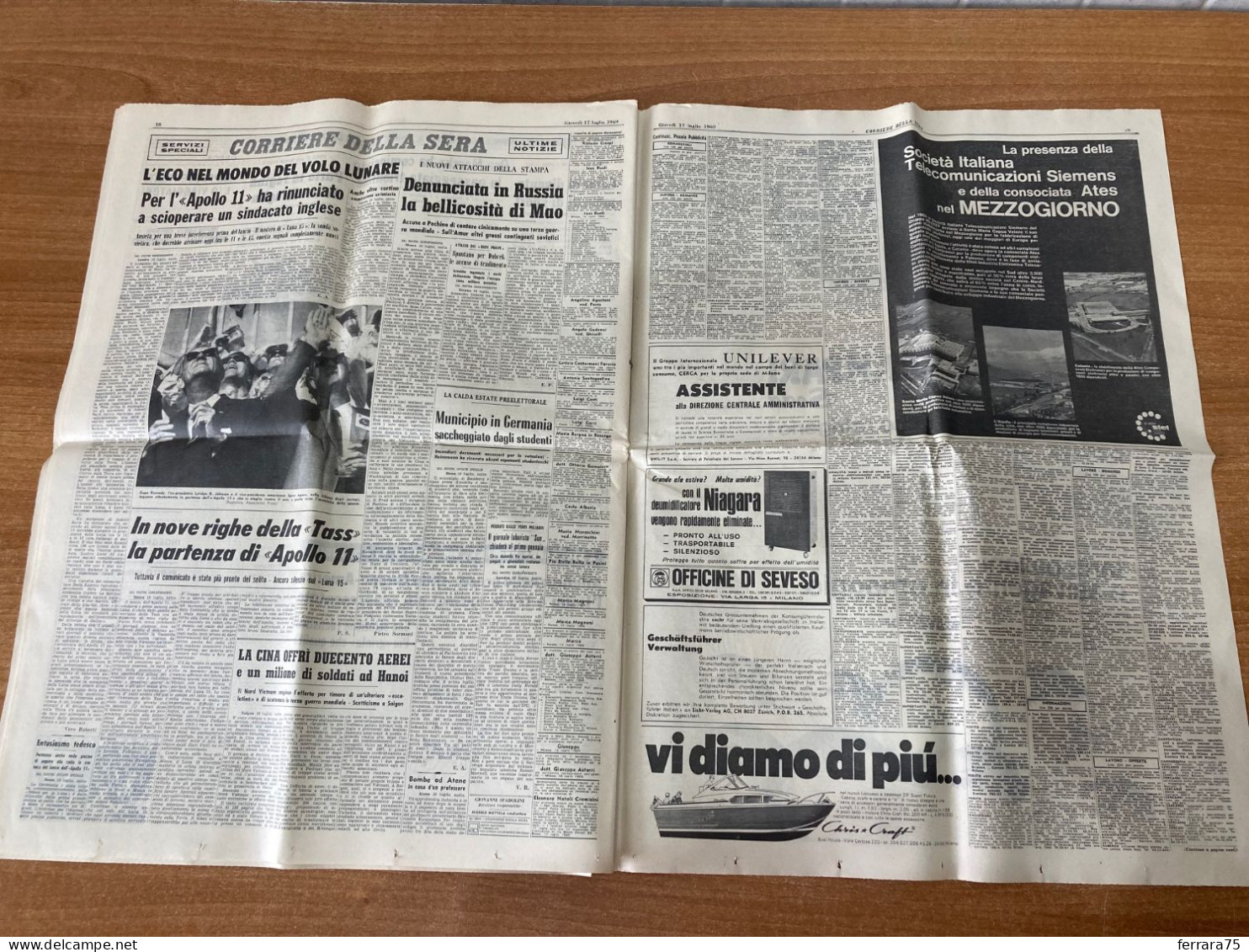 CORRIERE DELLA SERA LUNA APOLLO 11+INSERTO SPECIALE  17 LUGLIO 1969 ORIGINALE.