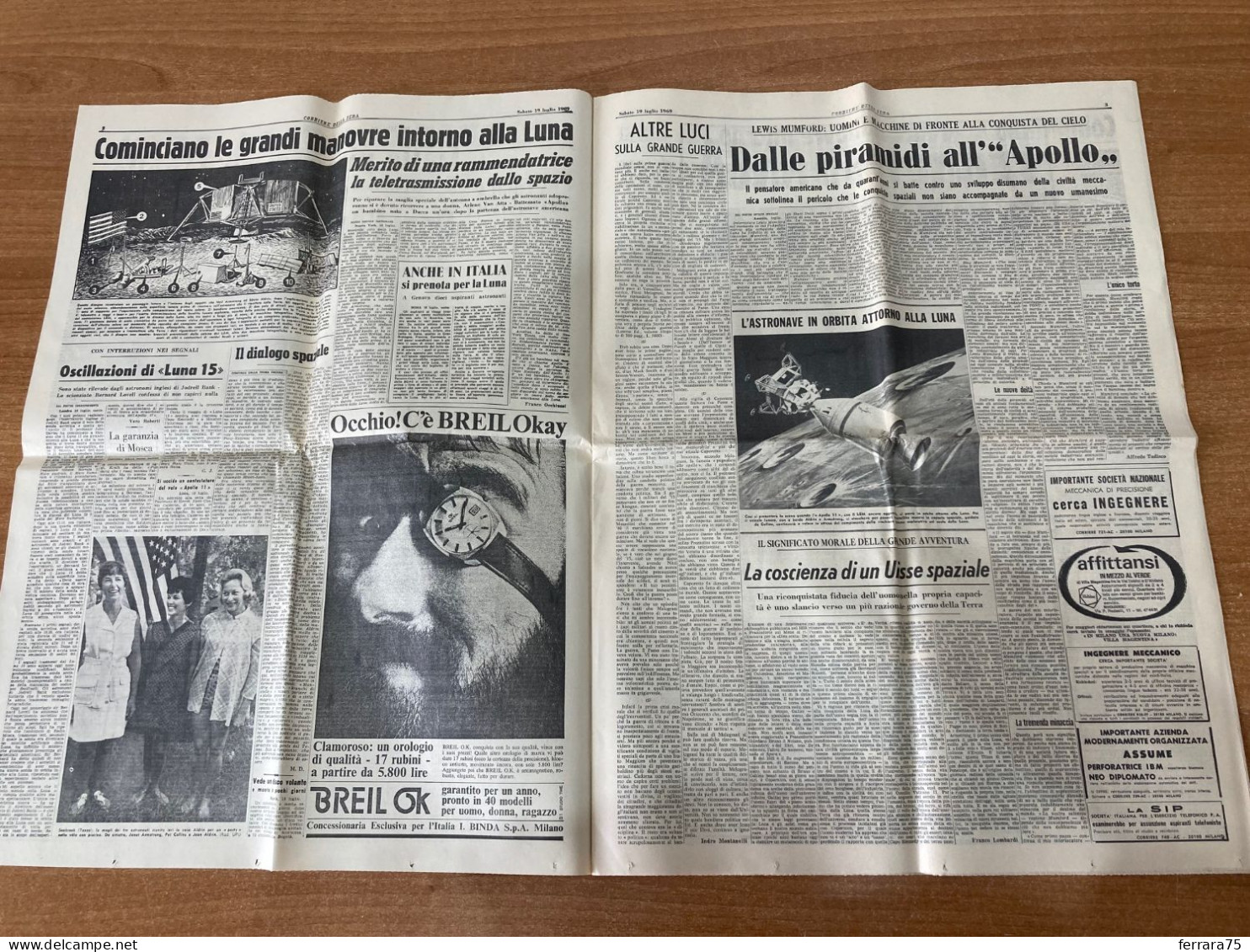 CORRIERE DELLA SERA LUNA APOLLO 11 ORBITA LUNARE  19 LUGLIO 1969 ORIGINALE. - Prime Edizioni