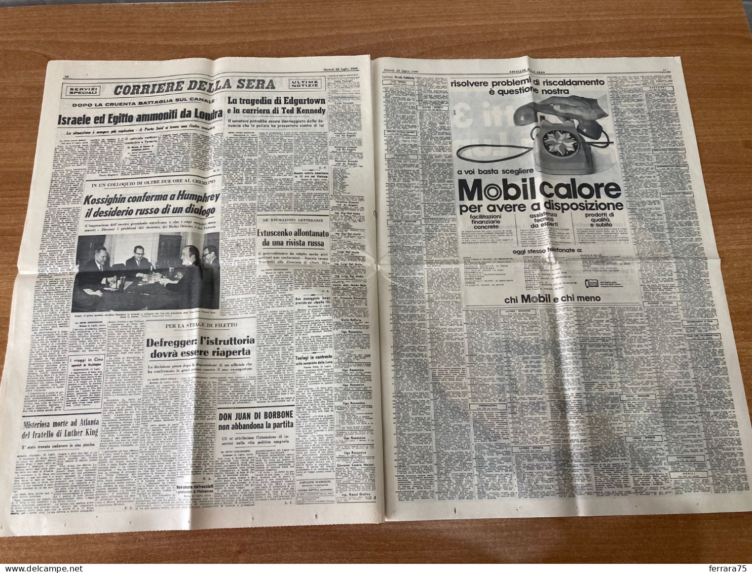 CORRIERE DELLA SERA RITORNO DALLA LUNA ARMSTRONG  22 LUGLIO 1969 ORIGINALE