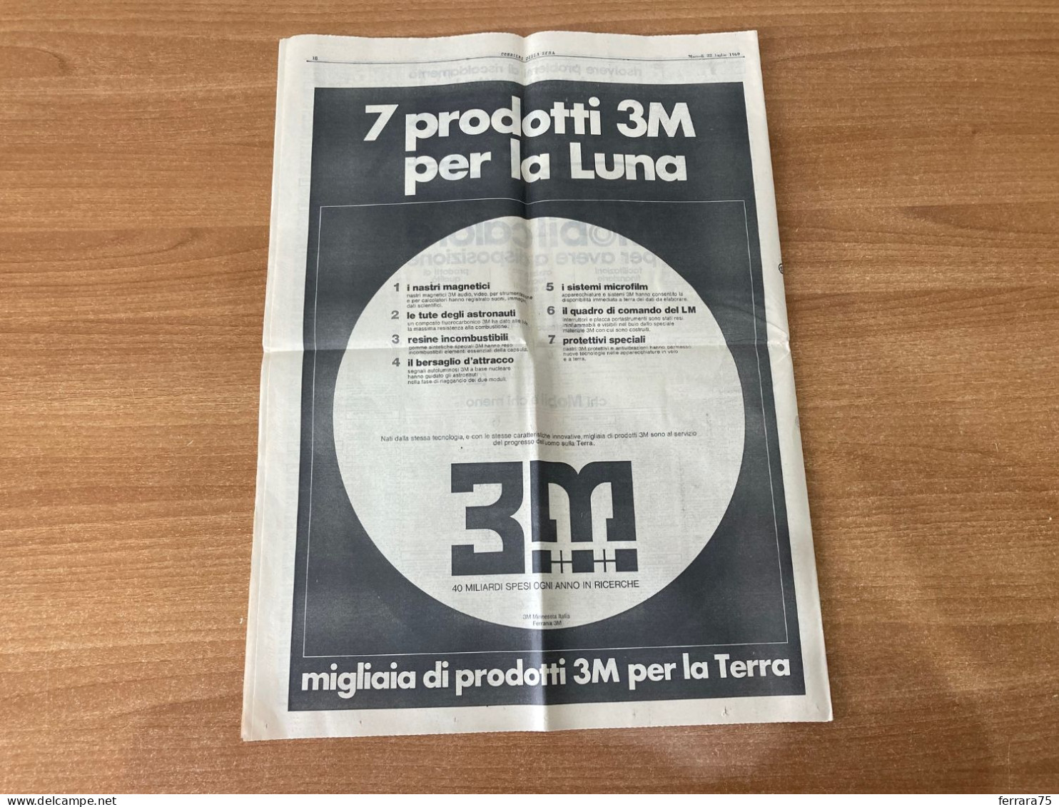 CORRIERE DELLA SERA RITORNO DALLA LUNA ARMSTRONG  22 LUGLIO 1969 ORIGINALE