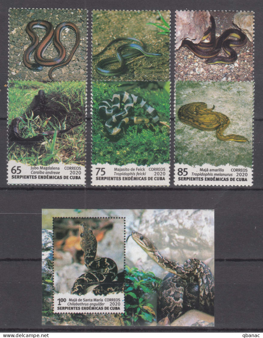 Cuba 2020 Snakes, Mint Never Hinged Complete Set + Block - Neufs