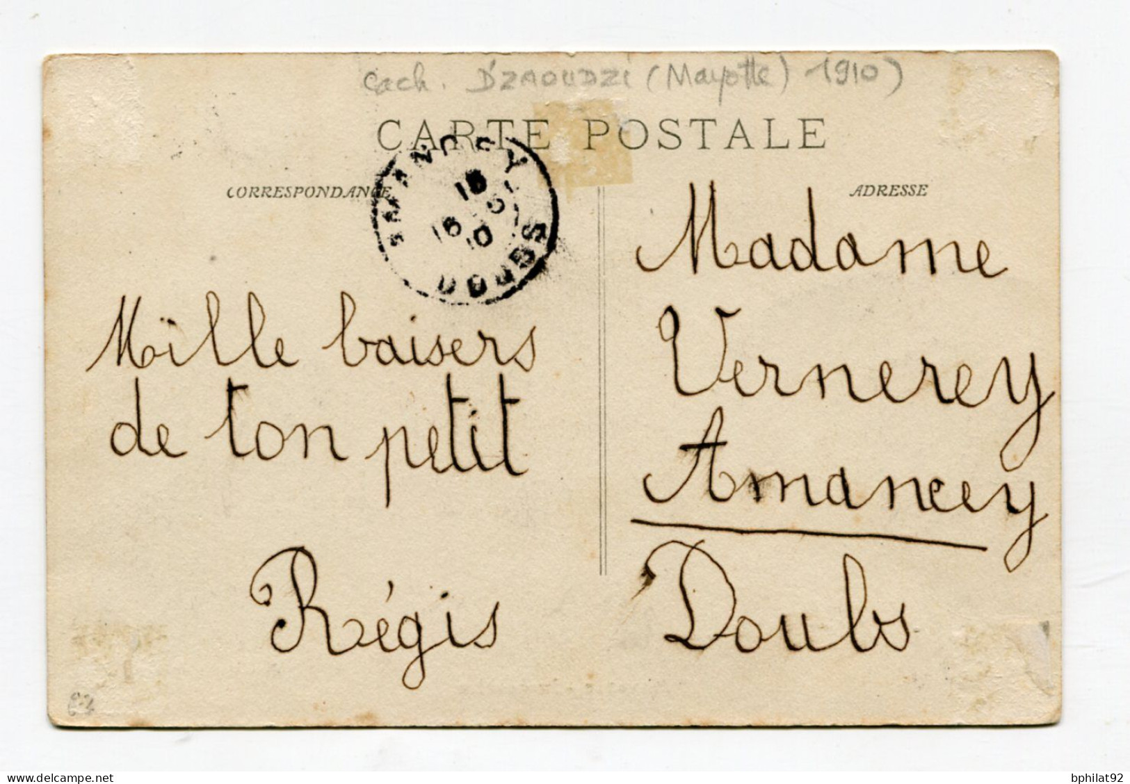 !!! MAYOTTE, CACHET DE DZAOUZI DE 1910 SUR CPA POUR LE DOUBS - Lettres & Documents