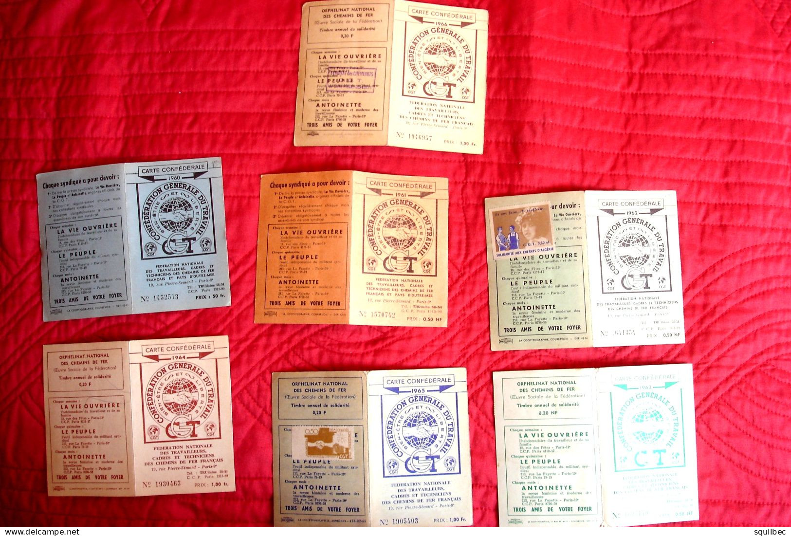 Lot De 7 Cartes Syndicaliste CGT Cheminots Sncf  Complètes Avec Vignettes Et Cachets TOURS  Sud Ouest  1961 à 1966 - Chemin De Fer