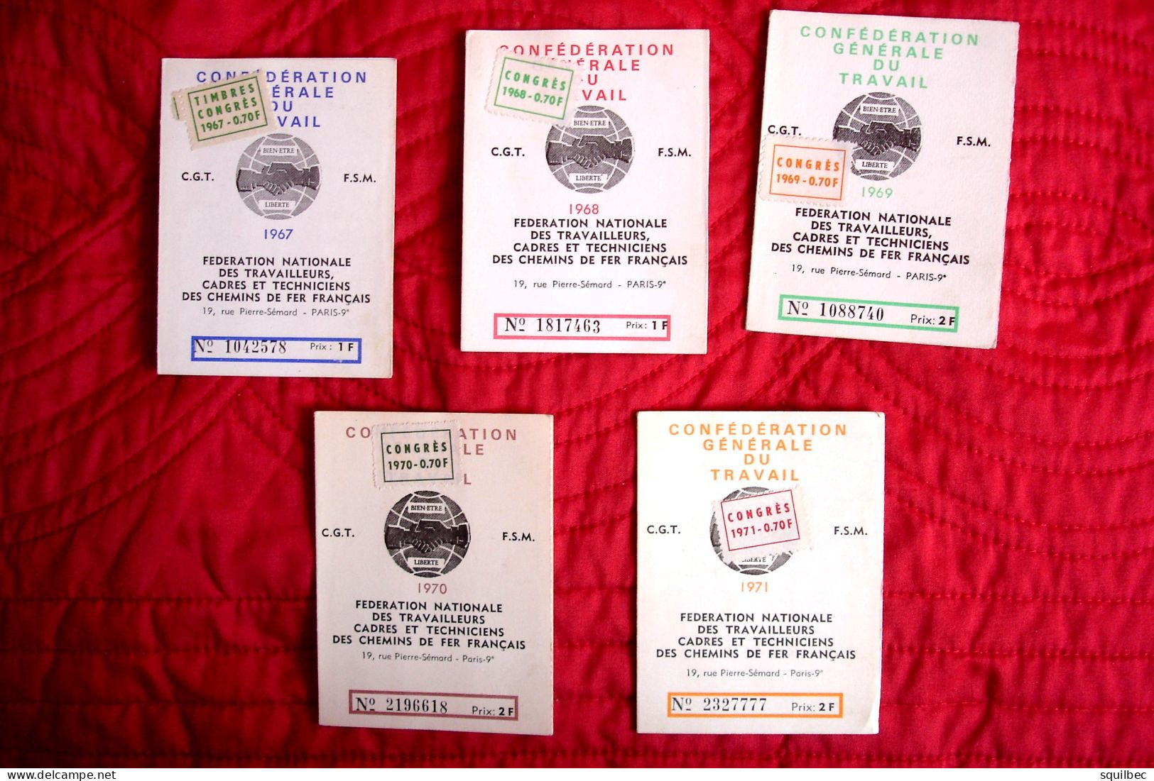 Lot De 5 Cartes Syndicaliste CGT Cheminots Sncf   Avec Vignettes Et Cachets TOURS  ST PIERRE 1967 à 1971 - Chemin De Fer