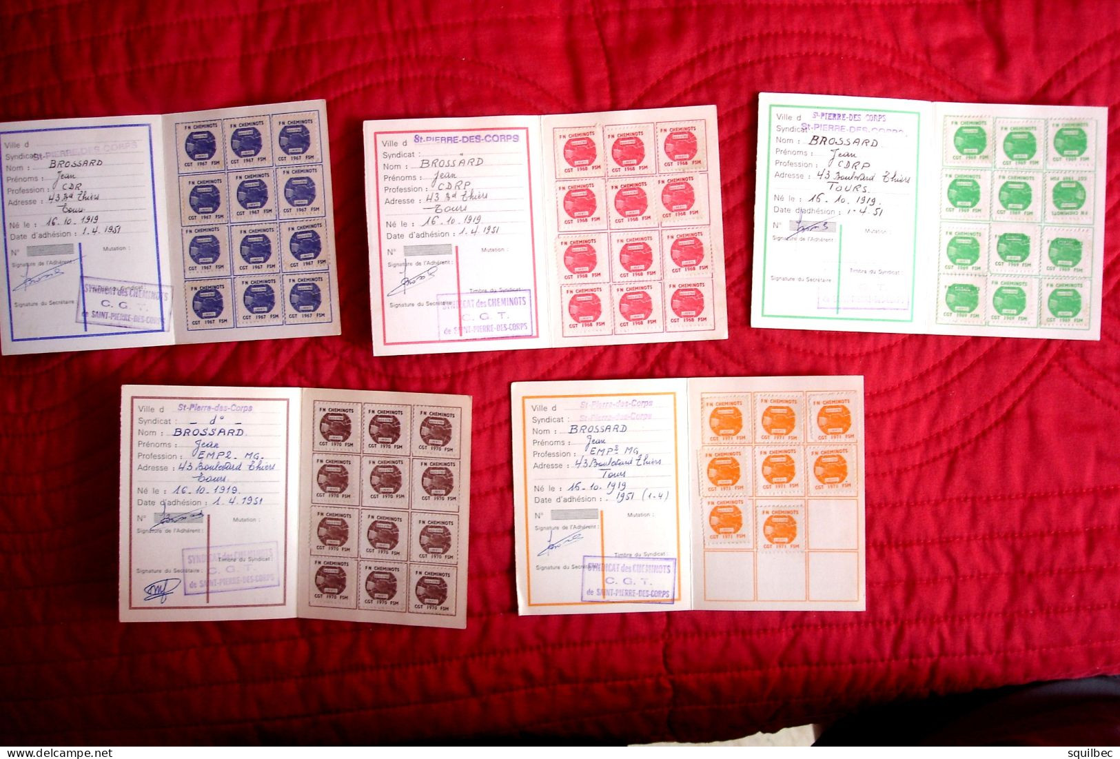 Lot De 5 Cartes Syndicaliste CGT Cheminots Sncf   Avec Vignettes Et Cachets TOURS  ST PIERRE 1967 à 1971 - Chemin De Fer