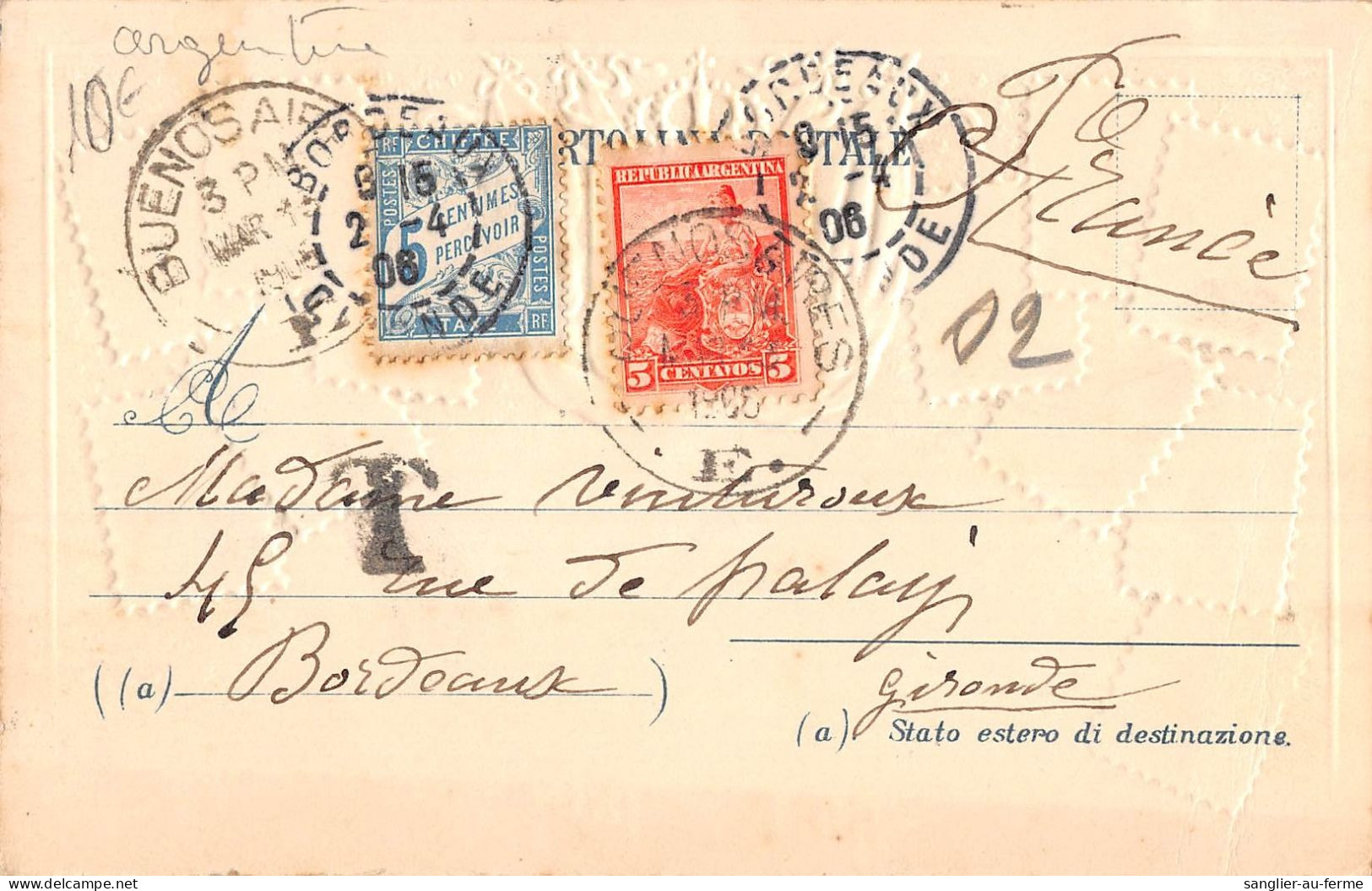 CPA ITALIE EFFIGIE DE L'ITALIE TIMBRES REPRESENTATION ( AU VERSO VOYAGEE POUR L'ARGENTINE - Autres & Non Classés