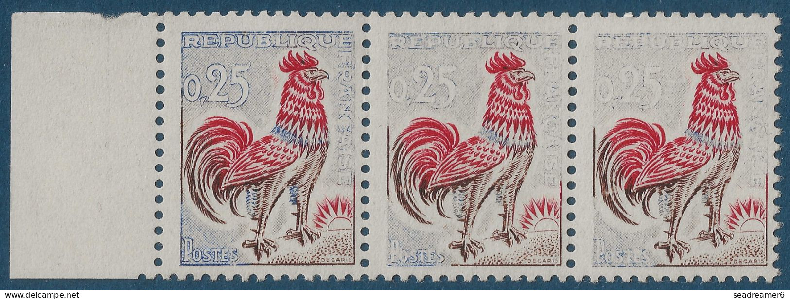 Coq De DECARIS N°1331** 0.25c Bande De 3 Impression Du Bleu Dégradée De Normal à Quasi Absent Spectaculaire & TTB - 1962-1965 Coq De Decaris