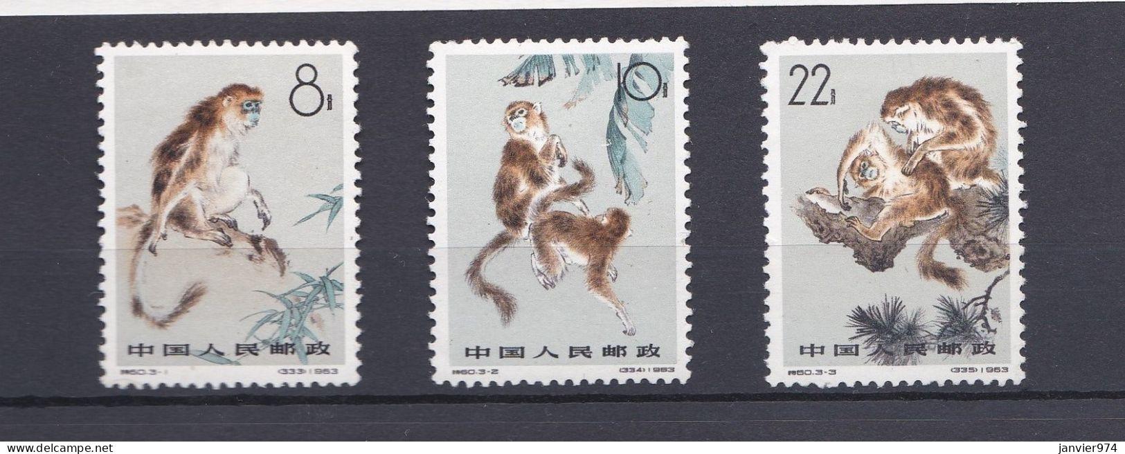 Chine 1963 La Série Complète 741 à 743, Monkeys Singe. 3 Timbres Neufs  Scan Recto Verso - Ongebruikt