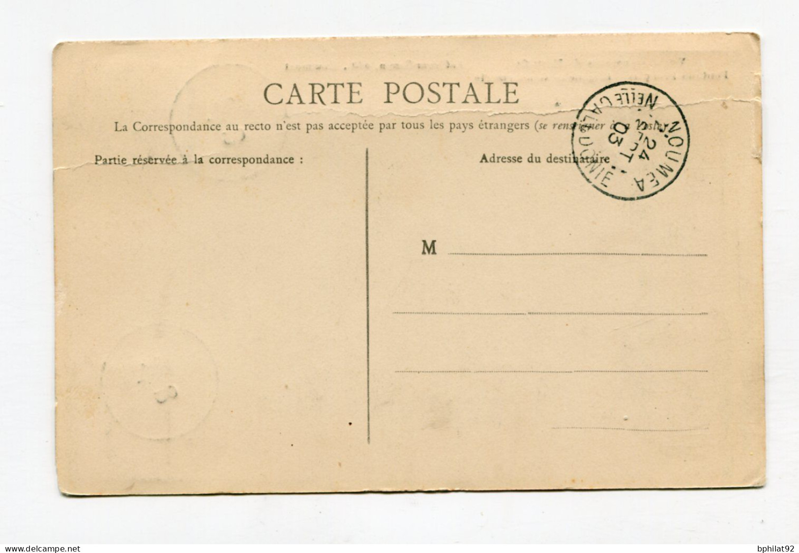 !!! NOUVELLE CALEDONIE, CACHET DE NOUMEA DE 1903 SUR CPA NON VOYAGEE - Storia Postale