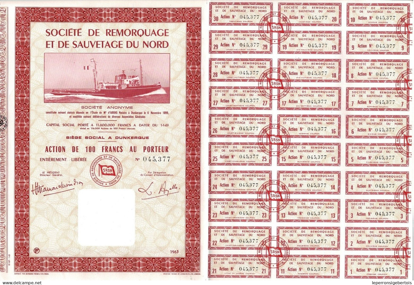 Titre De 1963 - Société De Remorquage Et De Sauvetage Du Nord - - Schiffahrt