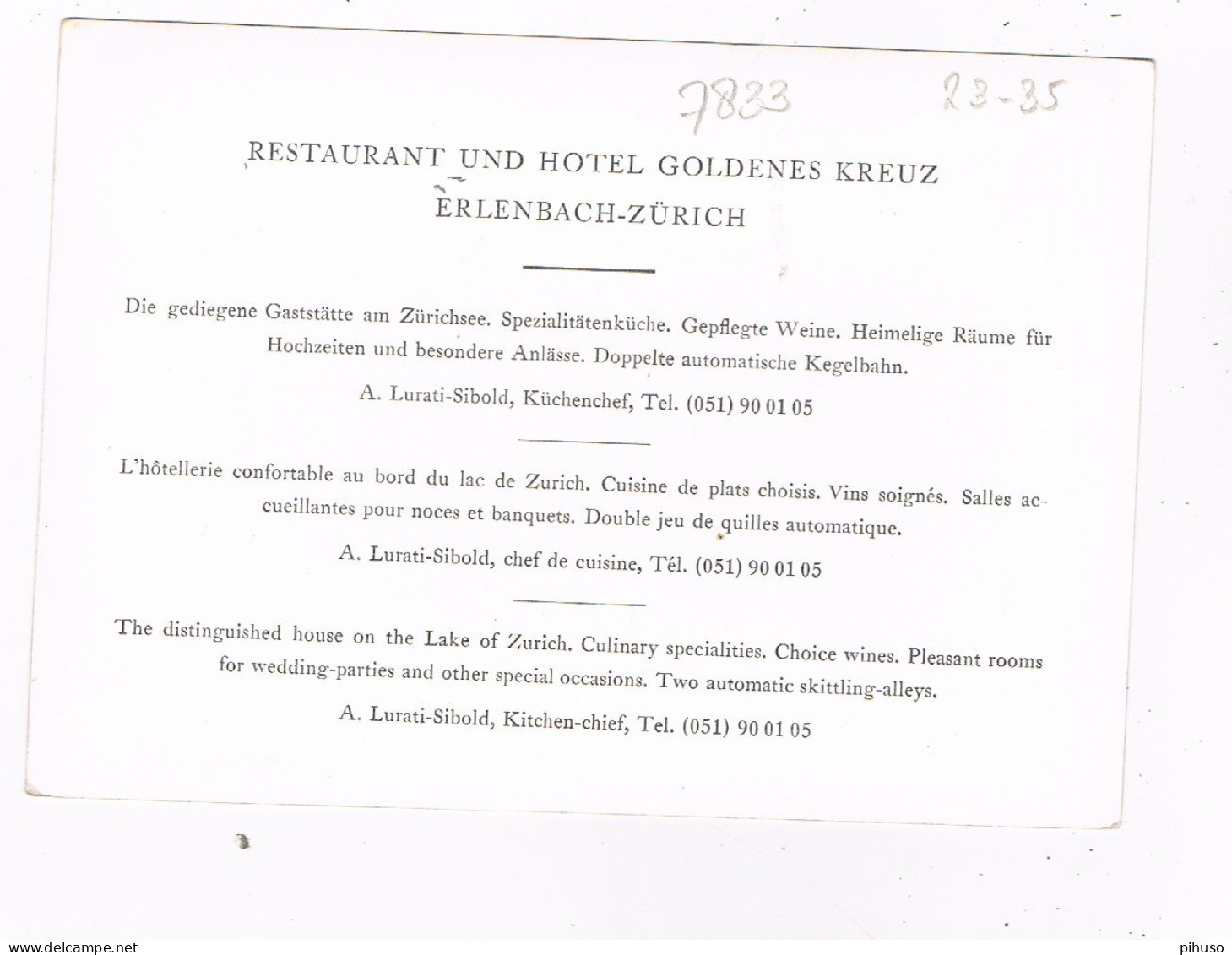 CH-7833  ERLENBACH : Restaurant Und Hotel Goldene Kreuz - Erlenbach