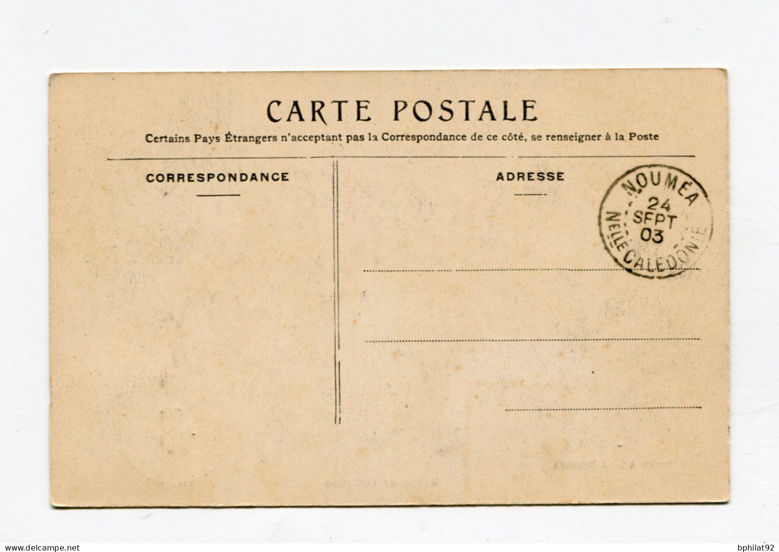 !!! NOUVELLE CALEDONIE, CACHET DE NOUMEA DE 1903 SUR CPA NON VOYAGEE - Covers & Documents