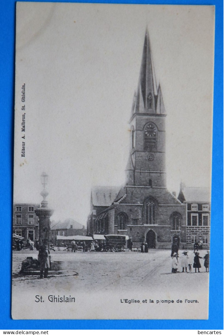 Saint-Ghislain: L'église Et La Pompe De L'ours Animée Avec Marché En Arrière-plan - Saint-Ghislain