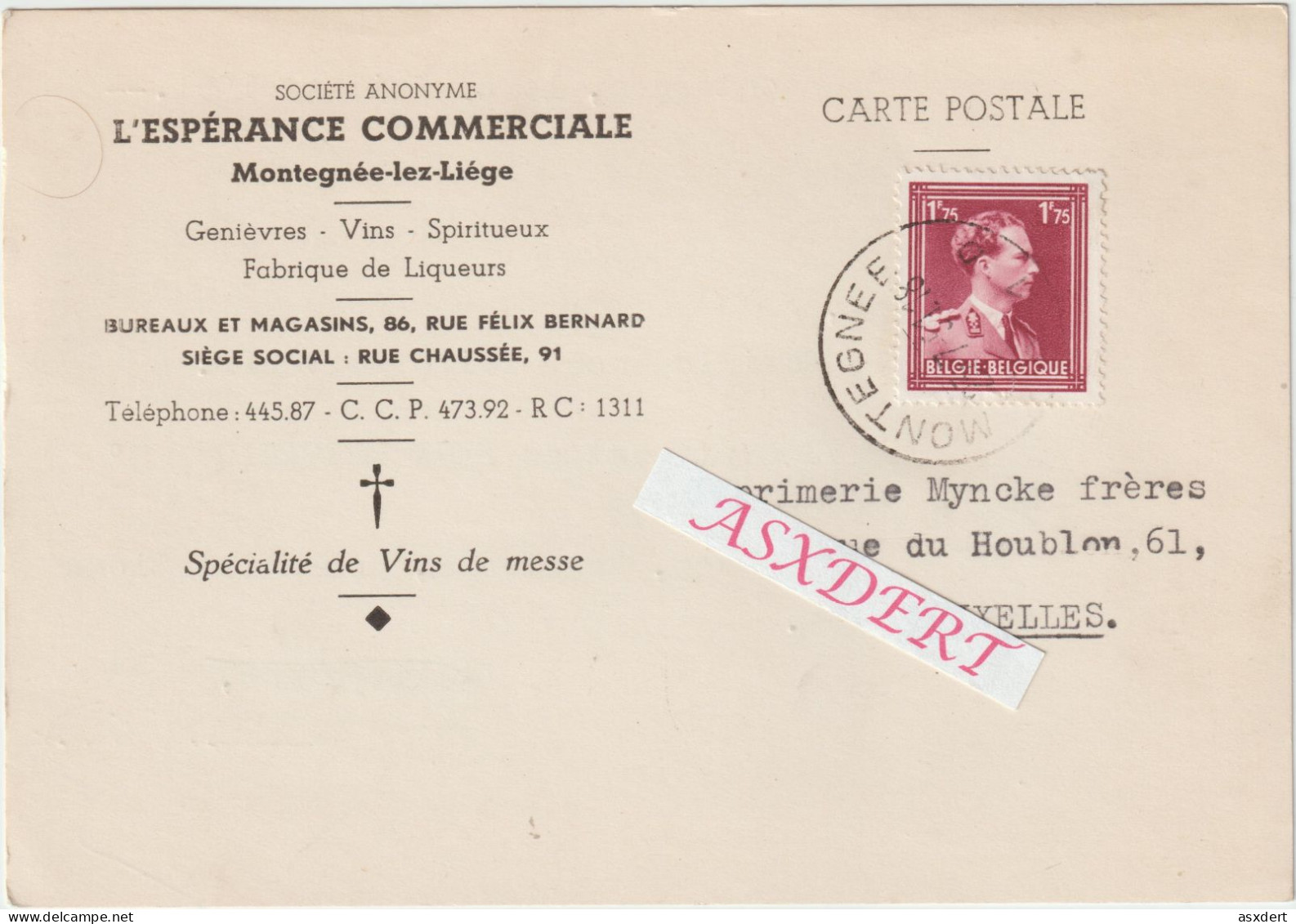 L'Espérance Commerciale Montegnée - Lez - Liege / Genièvre - Vins - Spiritueux 1951 - 1950 - ...