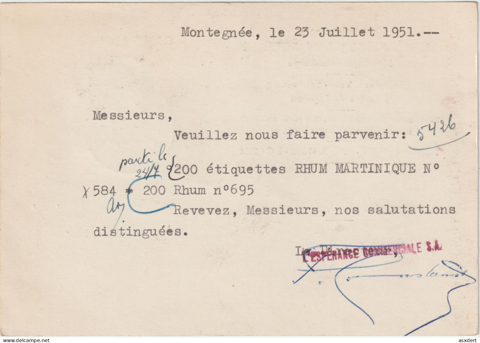 L'Espérance Commerciale Montegnée - Lez - Liege / Genièvre - Vins - Spiritueux 1951 - 1950 - ...