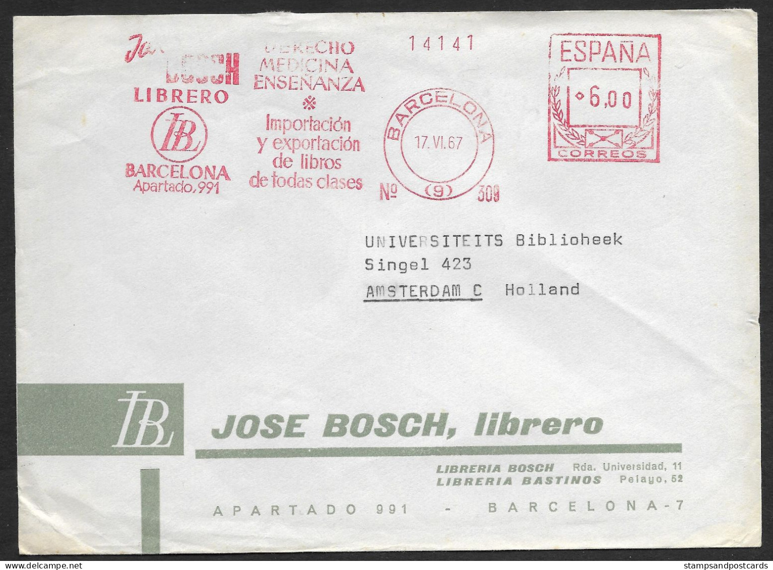 Espagne España EMA Cachet Rouge 1967 Librairie Bosch Barcelona Médecine Spain Bookseller Medicine Franking Meter - Macchine Per Obliterare (EMA)