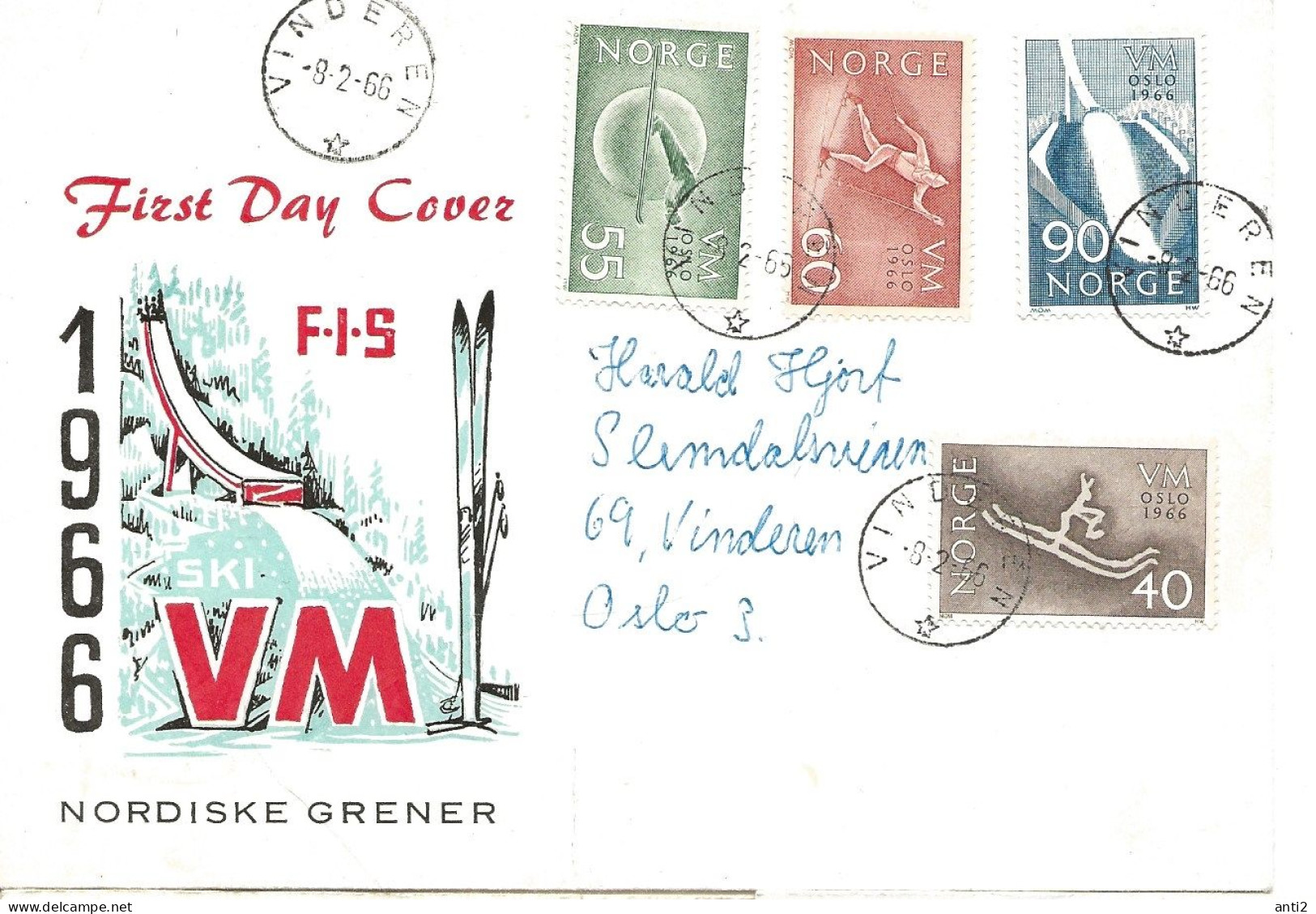 Norway 1966 World Ski Championships In The Nordic Disciplines. Mi 537-540   FDC Cancelled Vindern 8.2.66 - Lettres & Documents