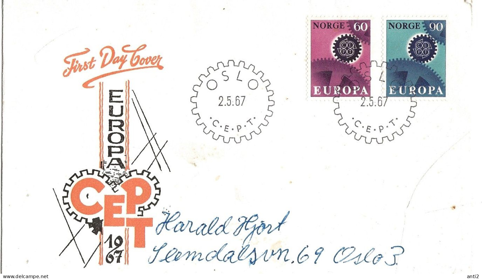 Norge Norway 1967 Europa, Interlocking Gears, Drive Wheel With CEPT Emblem, Mi 555 - 556, FDC - Cartas & Documentos