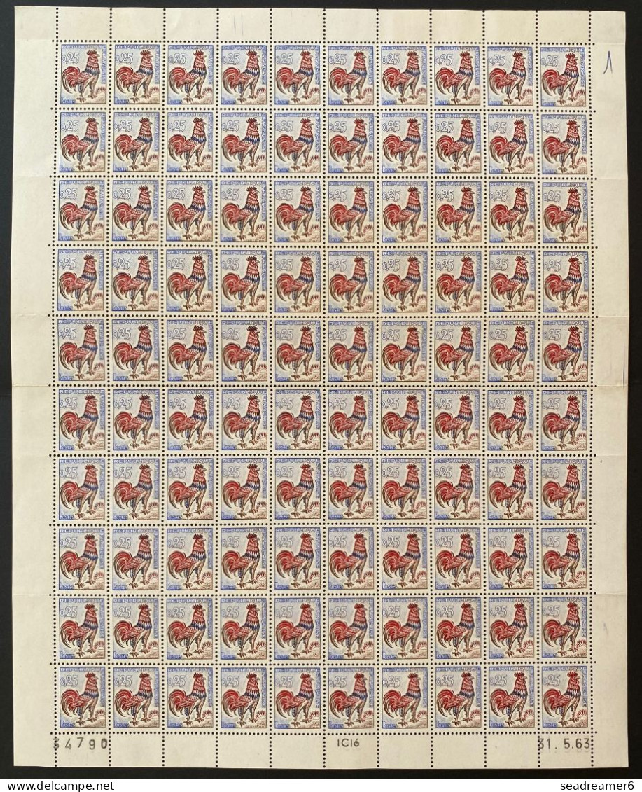 Coq De DECARIS N°1331** 0.25c Feuille De 100 Timbres Variétés Crètes Et Soleils Noirs Sauf Le 100e Timbre Normal ! Rare - 1962-1965 Gallo De Decaris