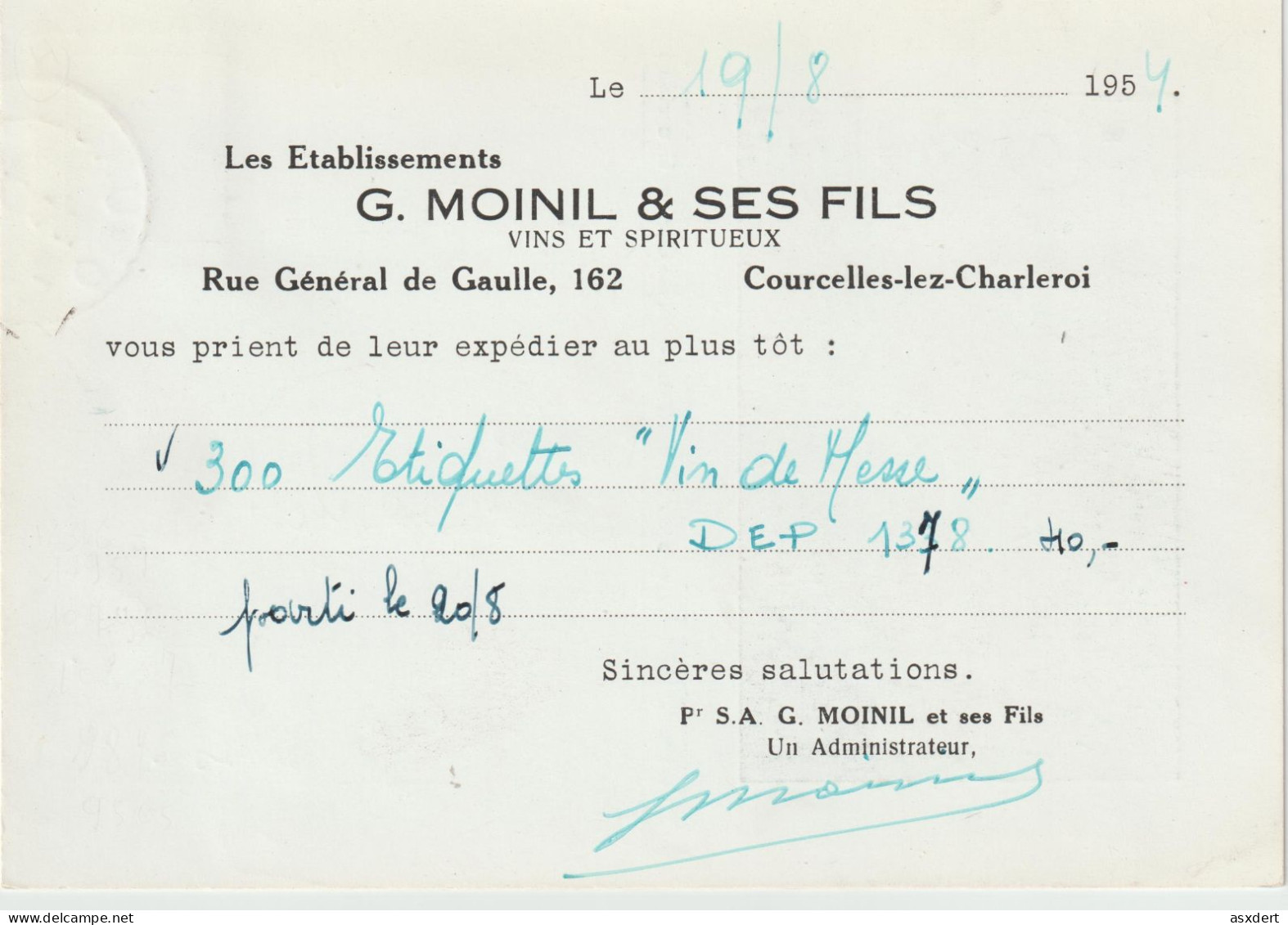 S.A. Ets G. Moinil Et Fils  Courcelles  / Apéritif " Forum " 1954 - 1950 - ...