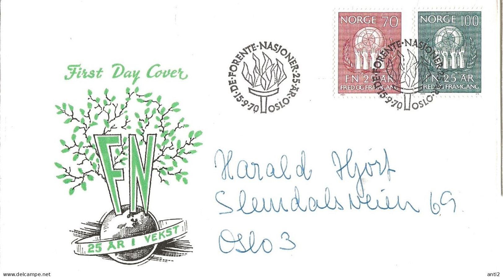 Norway 1970 25th Anniversary Of The United Nations. Mi 611 - 612    FDC - Briefe U. Dokumente