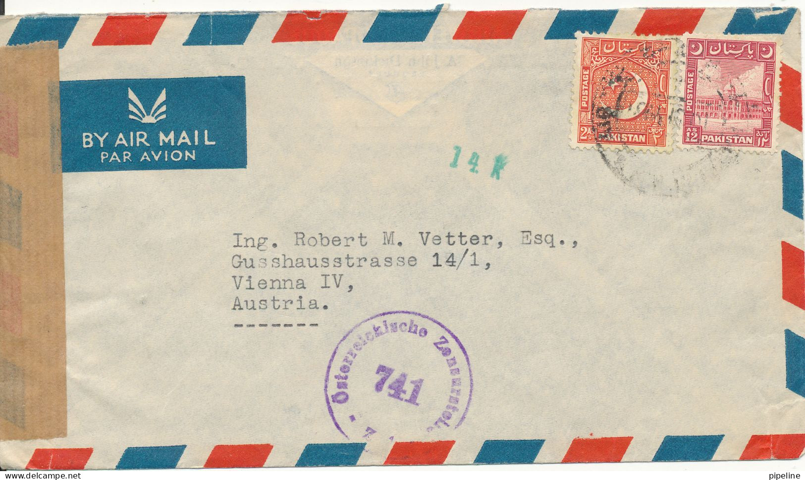 Pakistan Air Mail Cover Sent To Austria 9-5-1951 Österreichische Zensurstelle 741 - Pakistan