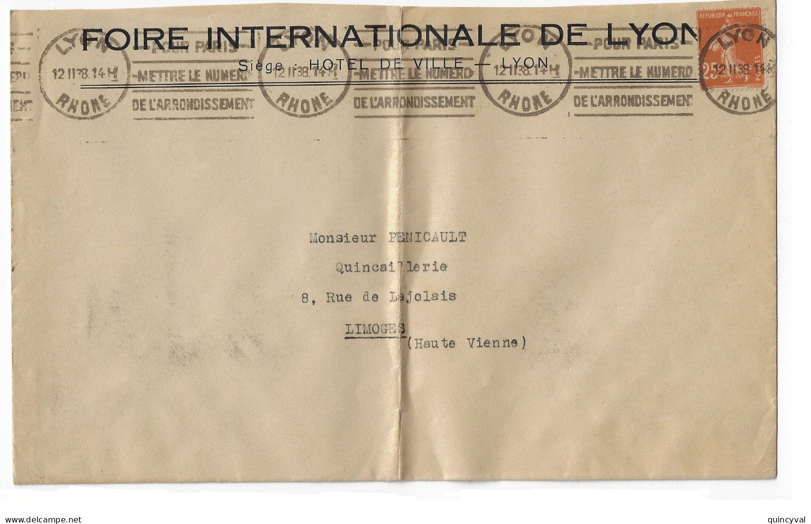 LYON Imprimé 2° Eche Entête Foire Internationale Lyon 25c Semeuse Yv 235 Ob Krag LY0106 12 2 1938 Dest PENICAULT Limoges - Sellados Mecánicos (Publicitario)