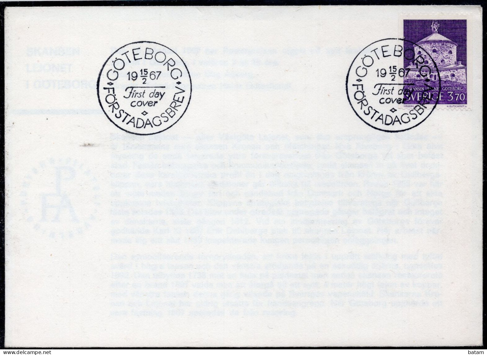 Sweden 1966 -The Lion Fortress, Gothenburg  - Cover - Covers & Documents